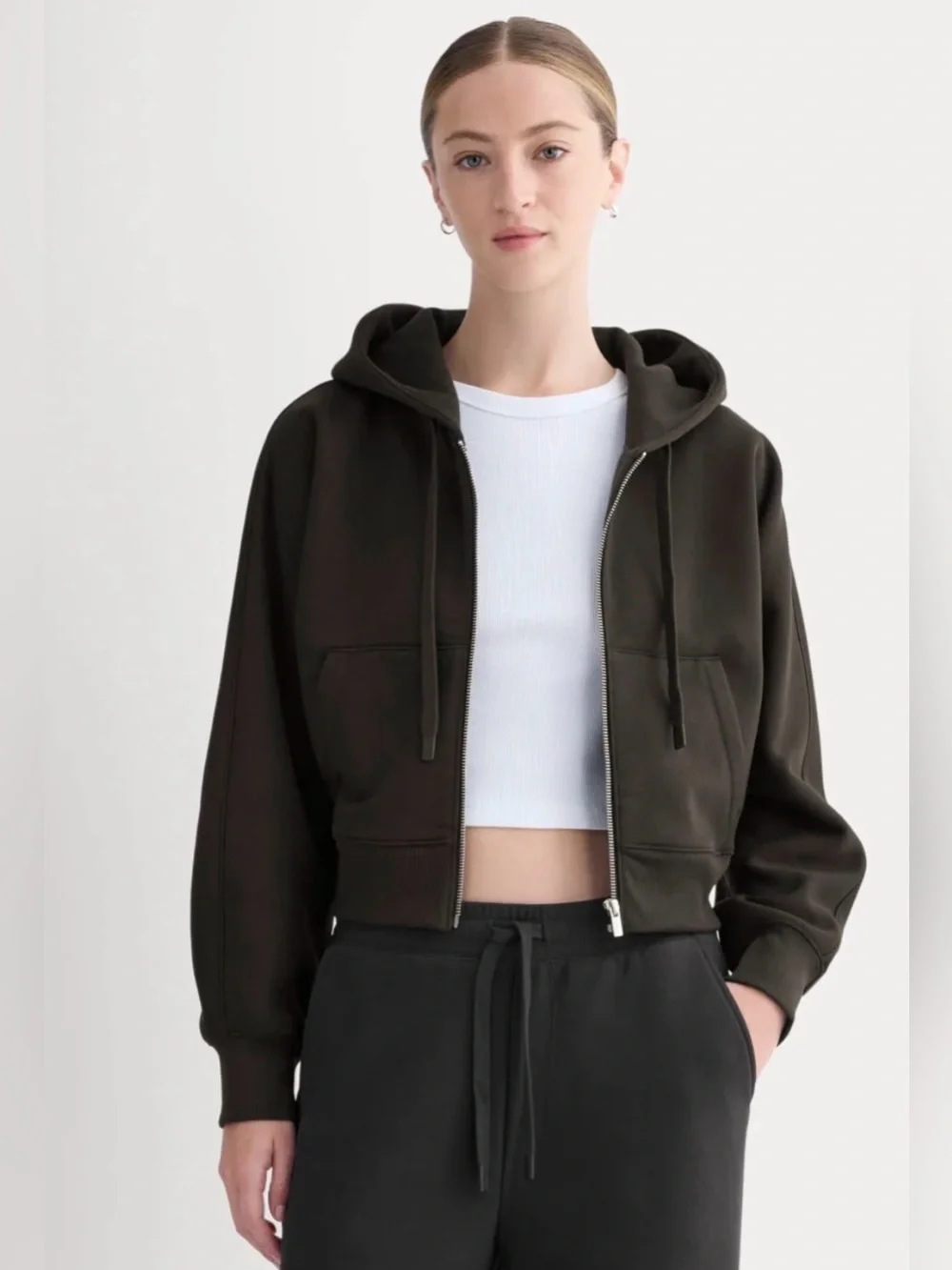New Everlane LUXE FLEECE FULL-ZIP CROPPED HOODIE Black Size S